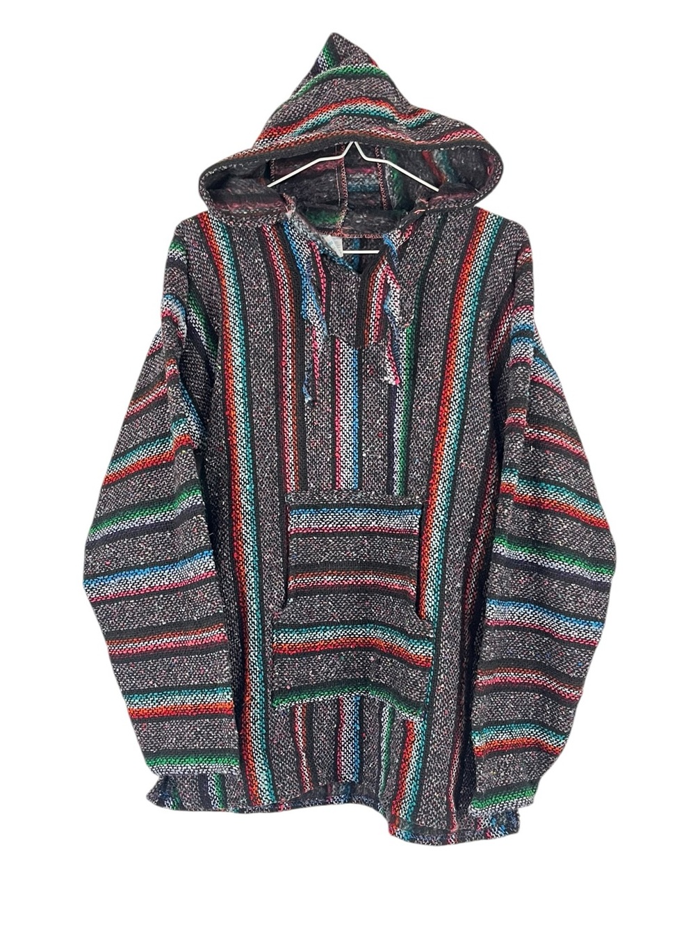 Vintage Striped Woven Hippie Multicolor Baja Mexican Hoodie Pullover Size Large